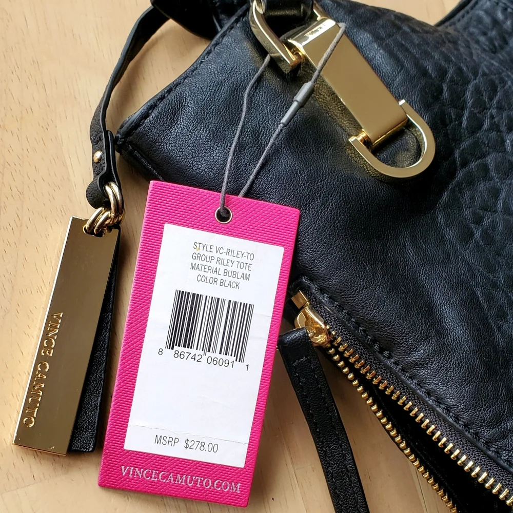 NEW Vince Camuto Genuine Pebble Leather "Riley" Tote Crossbody Bag Purse Black - Picture 7 of 16